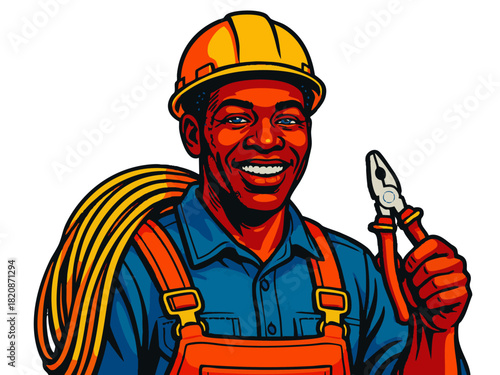 cheerful male electrician with pliers and cable, ideal for trade, industry, and career visuals. Generative ai vector colorful pop art illustration.