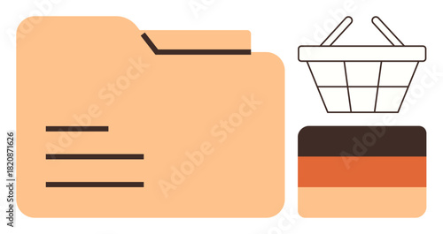 File folder, shopping basket, and payment card reflect e-commerce, organization, and data management. Ideal for retail, transaction, finance, navigation administration technology and analytics