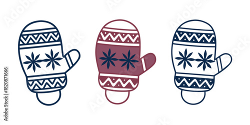 Three winter mittens with snowflake patterns are displayed in a row against a white background.