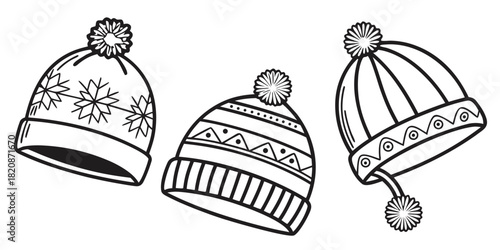 Three distinct knitted winter hats, each adorned with unique patterns and pom-poms, are presented in a clean, isolated illustration.