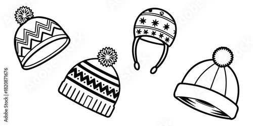 Four different winter hats with pom-poms and various patterns are shown in a simple black and white illustration.