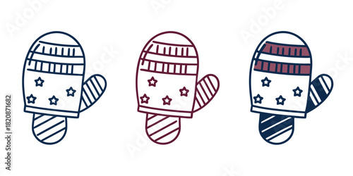 Three stylized mittens with star and stripe patterns are displayed against a white background.
