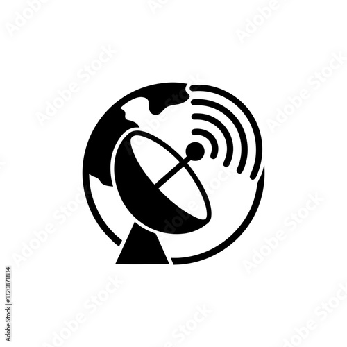 Illustration of a satellite dish and signal waves on transparent background silhouette