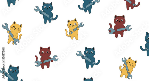 A quirky seamless pattern of cute cartoon cats in blue yellow and red each holding a large silver wrench on a white background.