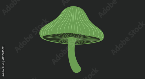A stylized illustration of a single green mushroom with a curved stem and striped cap shown against a solid dark gray background.