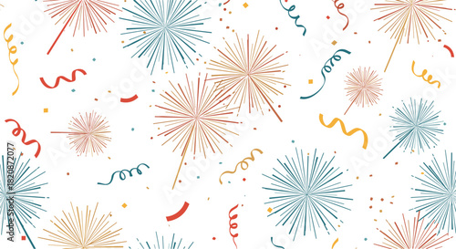 A festive design featuring a repeating pattern of colorful fireworks and festive streamers.