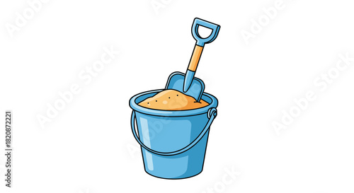 An illustration of a blue bucket filled with sand and a shovel.