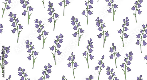 A repeating pattern of purple bell flowers with green stems.