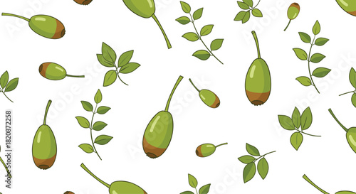 A seamless pattern featuring green olive-like fruits with leaves.
