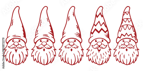 A row of five whimsical gnomes with pointy hats and long beards, each with a unique hat pattern, are depicted in a simple red line drawing on a white background, suggesting a festive or folkloric