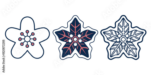 Three stylized floral emblems are displayed side by side, showcasing variations in design and color.