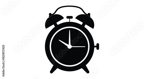 Vintage alarm clock illustration in black and white silhouette
