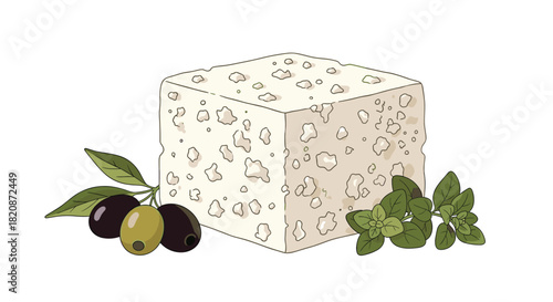 An illustration of feta cheese with olives and oregano.