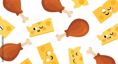 A cartoon style pattern with chicken and cheese.