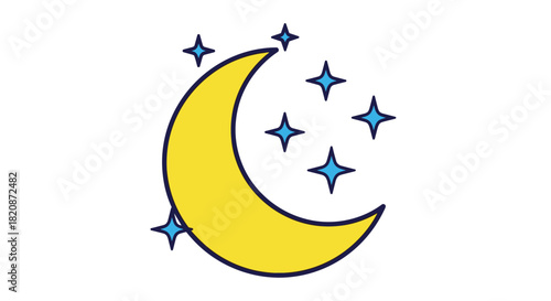 An illustration of a crescent moon and stars.