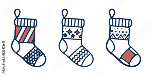 Three decorative Christmas stockings with varied patterns and colors are displayed against a white background, symbolizing holiday cheer and gift-giving traditions.