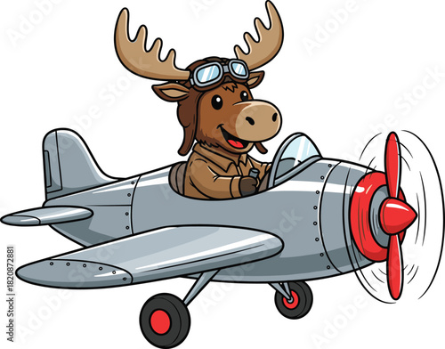 Cartoon moose pilot flying vintage airplane in the sky, cute aviation animal character illustration for children, fun adventurous artwork