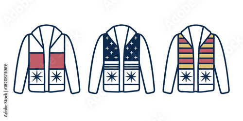 Three jockey silks with different colorful patterns are displayed in a row, each featuring a white base with distinct designs on the chest and sleeves, and star motifs at the hem.
