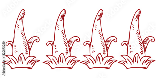 Four identical red illustrated gnome hats rise from clumps of grass, set against a white background.
