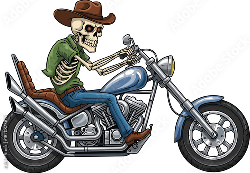 Vector illustration of a spooky skeleton biker wearing a cowboy hat riding a classic blue chopper motorcycle isolated on white.