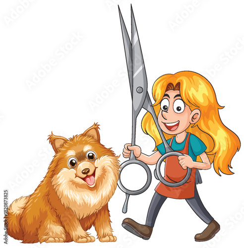 Cartoon Dog Groomer Holding Large Scissors Beside Fluffy Dog