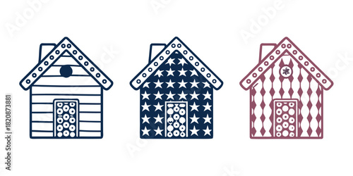 Three stylized, decorative gingerbread houses are displayed against a white background, each with unique patterns on their facades, including stripes, stars, and diamond shapes.