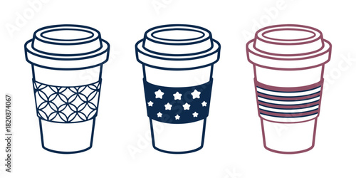 Three stylized disposable coffee cups with different decorative sleeves are presented in a line against a white background.