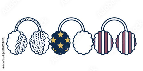 A row of five different ear warmers, each with a unique pattern including stars, stripes, and textured designs, are displayed against a white background.