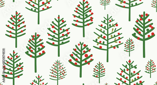 A cute and simple seamless holiday pattern of stylized green Christmas trees decorated with red and gold ornaments on a light background.
