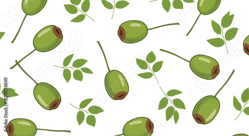 A fresh and simple seamless pattern of green olives and small leafy branches scattered across a clean white background design.
