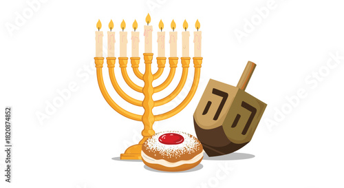 A festive collection of Hanukkah symbols including a lit golden menorah a wooden dreidel and a jelly donut or sufganiyot.