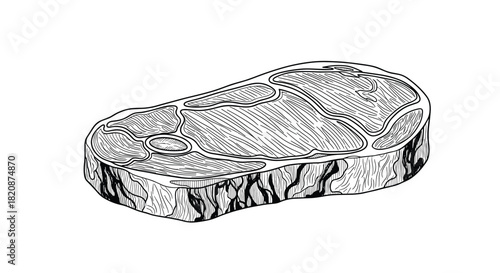A detailed black and white hand-drawn sketch of a raw T-bone or porterhouse steak isolated on a clean white background.