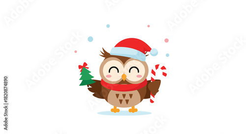 An adorable cartoon owl wearing a Santa hat and red scarf holds a small Christmas tree and a candy cane with snow falling.