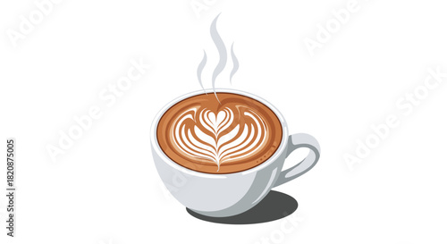 Steaming white cup of coffee with detailed rosetta latte art on a white background creating a warm and inviting beverage illustration.