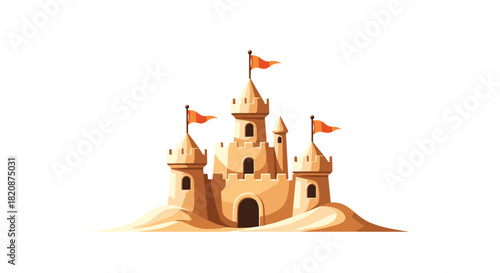 A detailed cartoon sandcastle with multiple towers turrets and orange flags sits on a sandy base isolated on a white background.