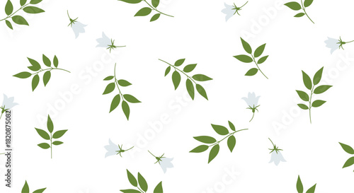A simple and fresh seamless pattern of delicate light blue bellflowers and green leaves scattered across a white background.