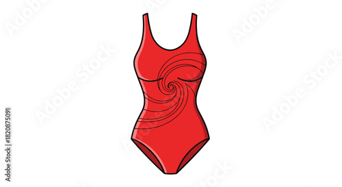 A stylish red one-piece women's swimsuit with a black swirl pattern design is illustrated and isolated on a white background.