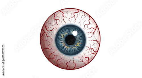 A realistic and detailed illustration of a single bloodshot human eyeball with a blue iris isolated on a white background.