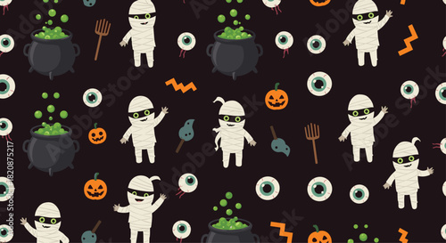 A fun and crowded seamless Halloween pattern with cute mummies bubbling cauldrons eyeballs and jack-o-lanterns on a dark background.
