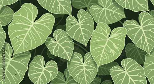 A lush seamless pattern of large green overlapping taro or alocasia leaves with delicate water droplets on a dark background.