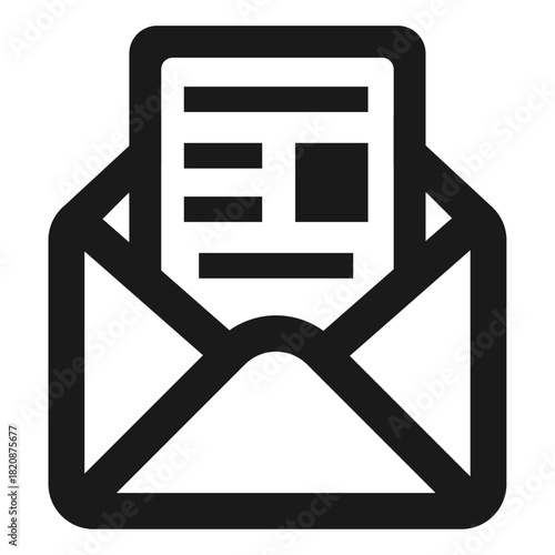 Open mail with document vector icon — envelope containing letter or message in minimal flat outline style for communication, inbox, notifications, and modern digital interface design
