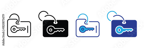 Set of key icons with tags and loops, illustrating access, security, and identification in various styles, including outline, filled, and colored.