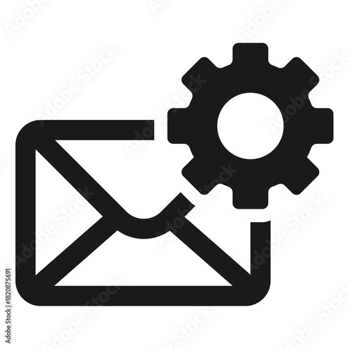 Email settings vector icon — envelope with gear symbol in minimal flat outline style for mail configuration, message management, communication tools, and modern UI interface design
