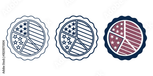 Three circular graphic elements, each divided into four sections, with two sections featuring stars and stripes in a manner reminiscent of the American flag, and the other two sections displaying