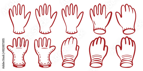 A collection of ten red outline illustrations of various types of gloves, displayed in two rows against a white background.