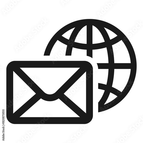 Global email vector icon — envelope with globe symbol in minimal flat outline style for internet messaging, worldwide communication, online mail services, and modern UI design
