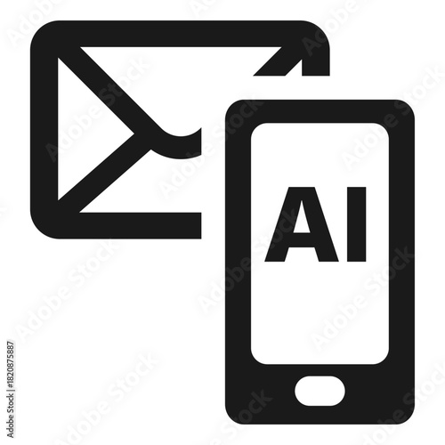 AI mobile message send vector icon — smartphone with AI text and outgoing email arrow in minimal flat outline style for smart communication, automated messaging, and modern digital UI design
