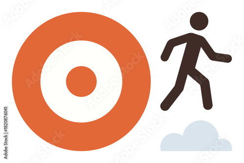 Target with bold center, person stepping forward over a small cloud. Ideal for goal setting, planning, success, achievement, leadership, vision personal growth. Simple flat metaphor