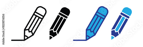Set of four pencil icons in different styles: outline, solid black, and two shades of blue, all drawing a line. a versatile icon collection.