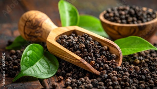 Fototapeta Naklejka Na Ścianę i Meble -  Dried brown fragrant seeds in wooden spoon and scoop. Concentrated spice mix. Abstract illustration